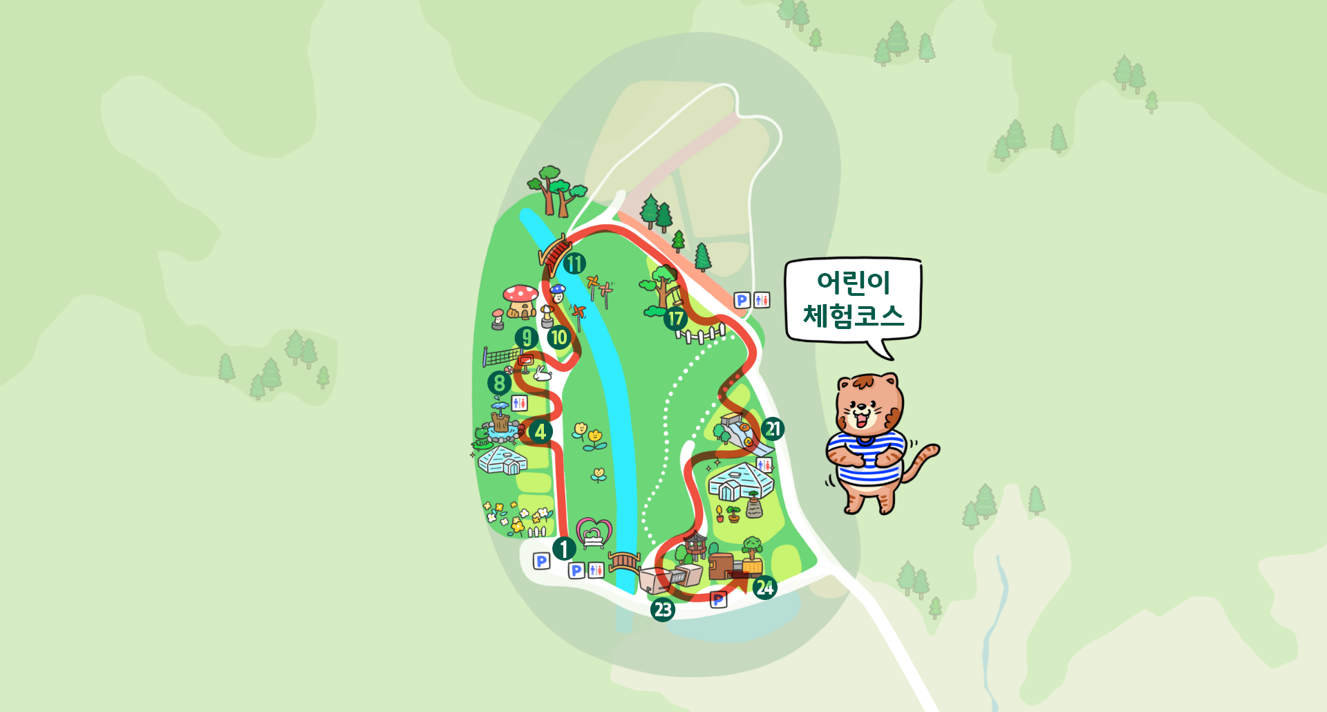 1. 구상나무 모롱잇길 → 4. 연못과 노천극장 → 8. 가족놀이체험장 → 9. 우주과학놀이터 → 10. 피크닉광장 → 11. 초롱다리 → 17. 유아숲체험원 → 21. 사계절 썰매체험장 → 22. DMZ야생동물생태관 → 23. 목재문화체험관