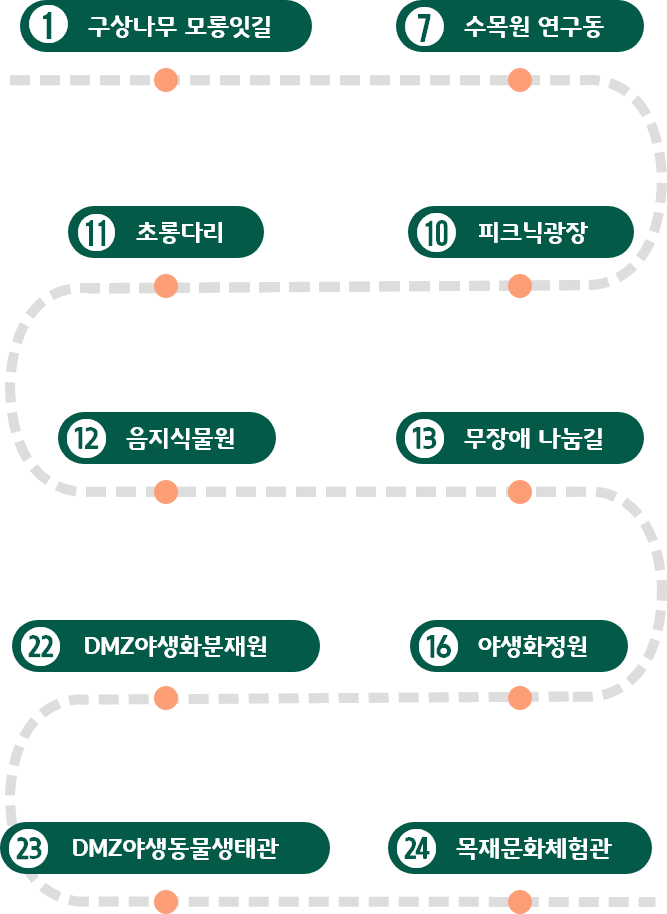 구상나무 모롱잇길 - 수목원 연구동 - 피크닉광장 - 초롱다리 - 음지식물원 - 무장애 나눔길 - 야생화정원 - DMZ야생화분재원 - DMZ야생동물생태관 - 목재문화체험관