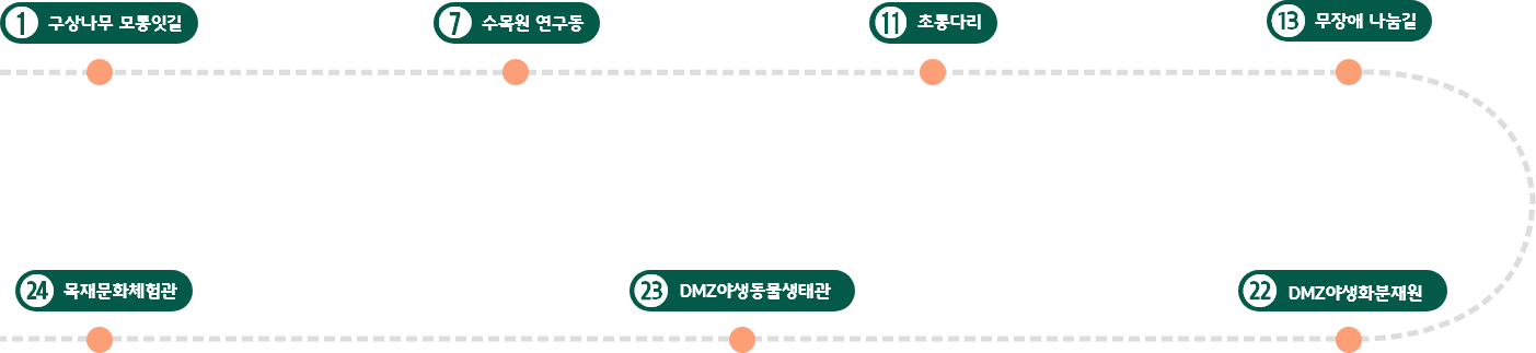 구상나무 모롱잇길 - 수목원 연구동 - 초롱다리 - 무장애 나눔길 - DMZ야생화분재원 - DMZ야생동물생태관 - 목재문화체험관
