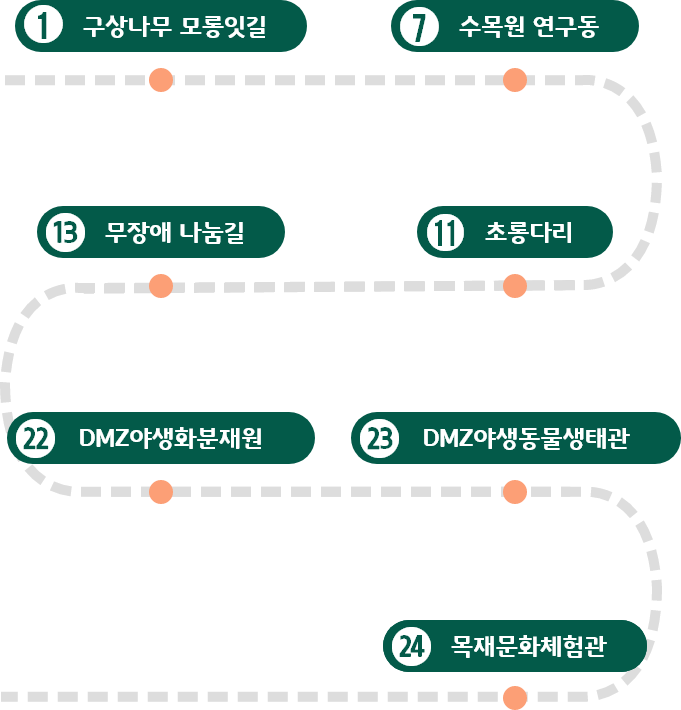 구상나무 모롱잇길 - 수목원 연구동 - 초롱다리 - 무장애 나눔길 - DMZ야생화분재원 - DMZ야생동물생태관 - 목재문화체험관